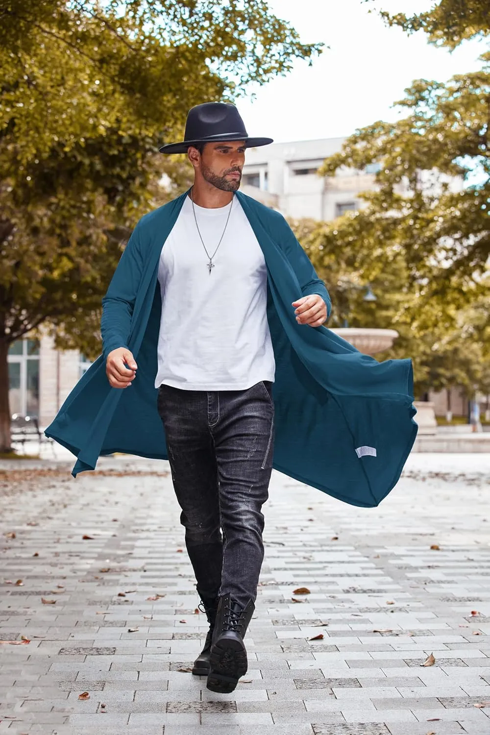 COOFANDY Men's Long Cardigan Ruffle Shawl Collar Lightweight Open Front Drape Cape Overcoat with Pockets