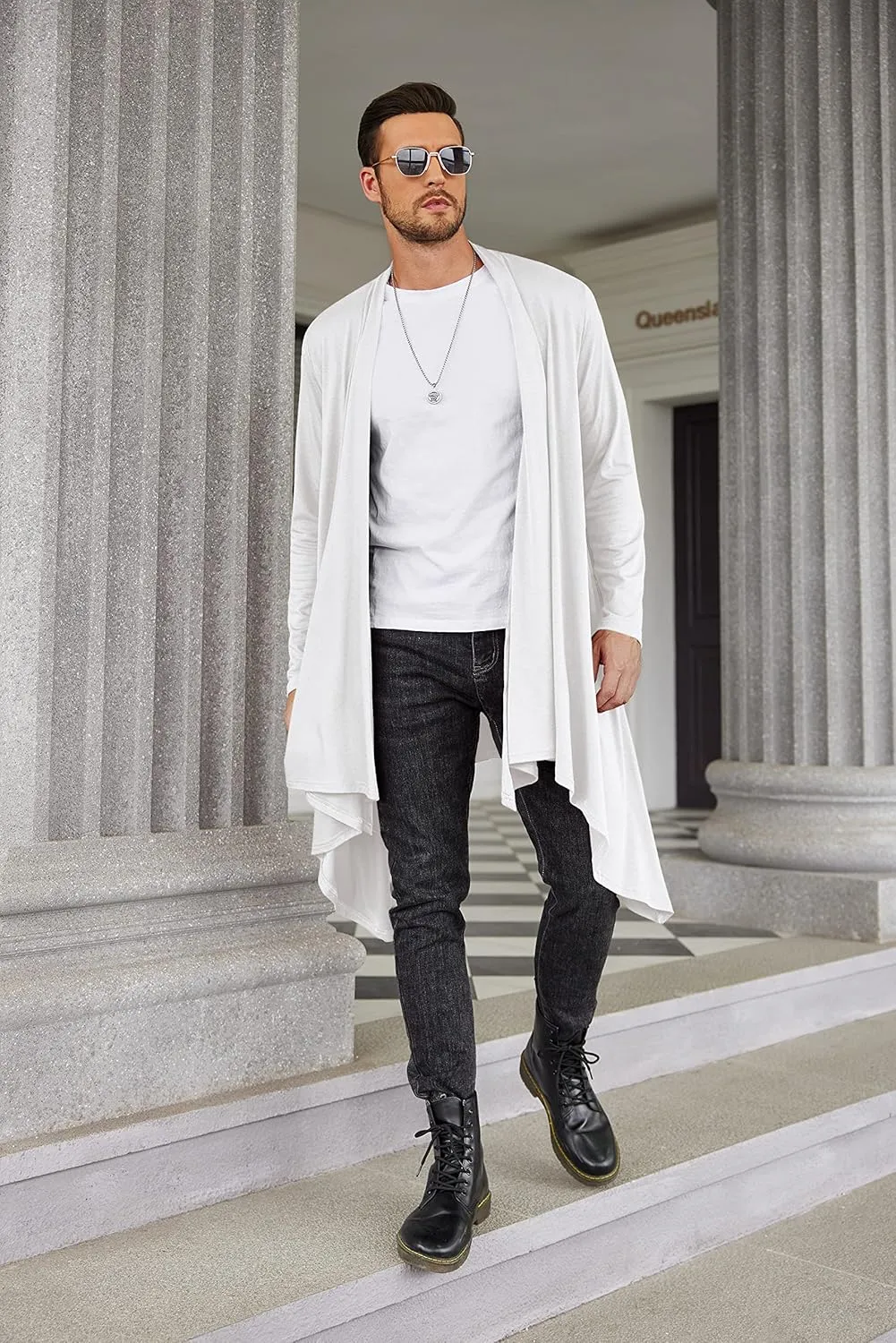 COOFANDY Men's Long Cardigan Ruffle Shawl Collar Lightweight Open Front Drape Cape Overcoat with Pockets