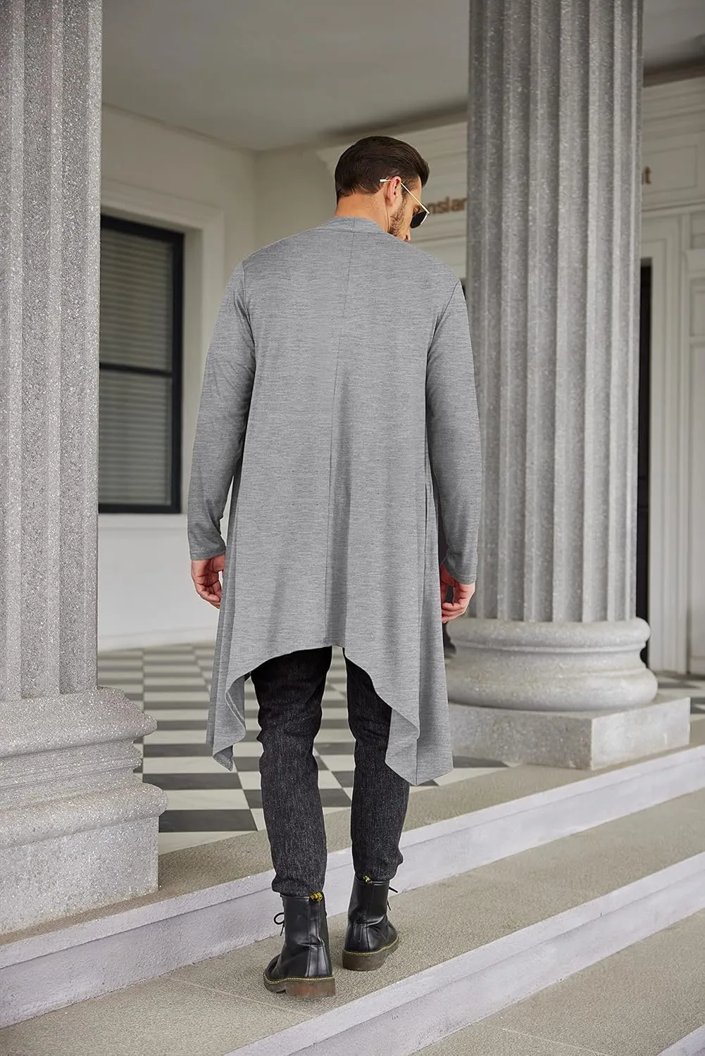 COOFANDY Men's Long Cardigan Ruffle Shawl Collar Lightweight Open Front Drape Cape Overcoat with Pockets