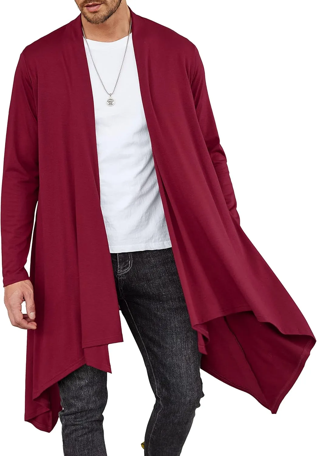 COOFANDY Men's Long Cardigan Ruffle Shawl Collar Lightweight Open Front Drape Cape Overcoat with Pockets