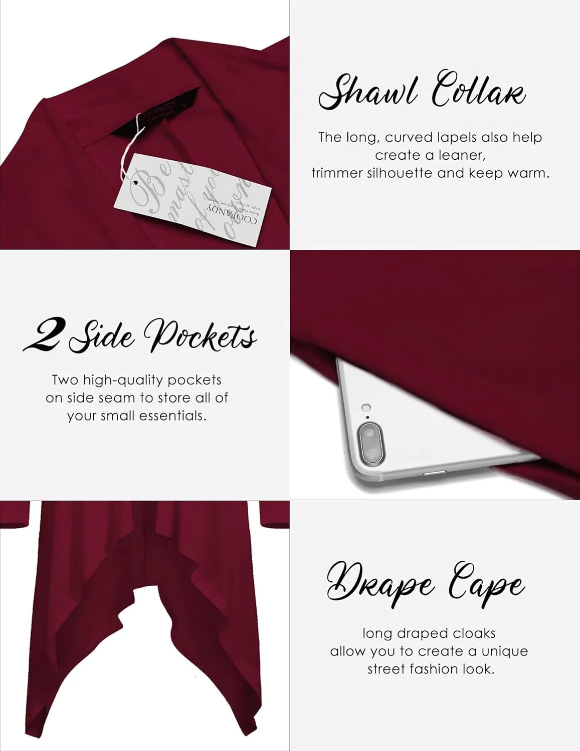COOFANDY Men's Long Cardigan Ruffle Shawl Collar Lightweight Open Front Drape Cape Overcoat with Pockets