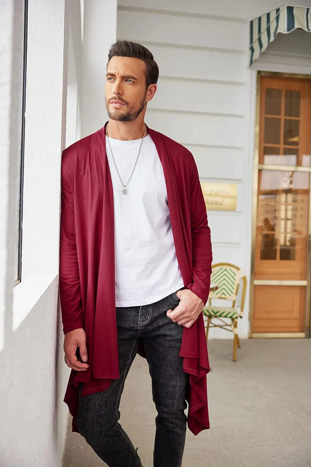 COOFANDY Men's Long Cardigan Ruffle Shawl Collar Lightweight Open Front Drape Cape Overcoat with Pockets