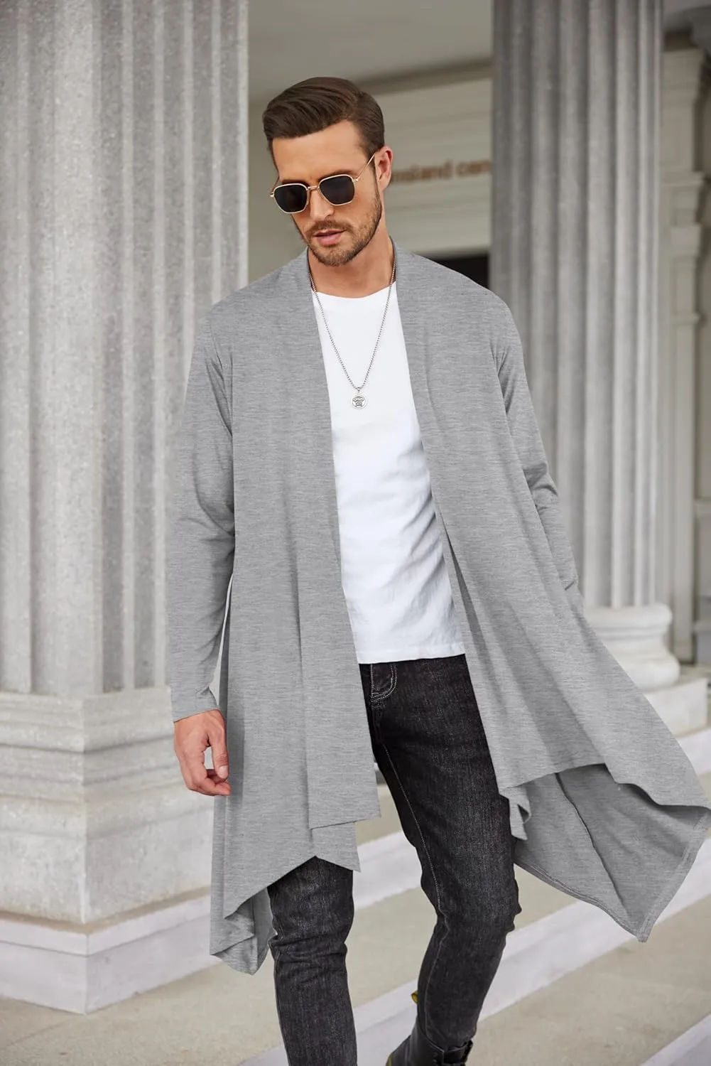 COOFANDY Men's Long Cardigan Ruffle Shawl Collar Lightweight Open Front Drape Cape Overcoat with Pockets