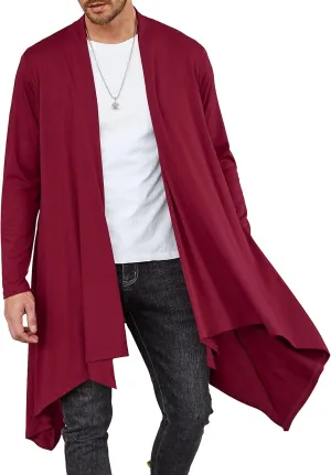 COOFANDY Men's Long Cardigan Ruffle Shawl Collar Lightweight Open Front Drape Cape Overcoat with Pockets