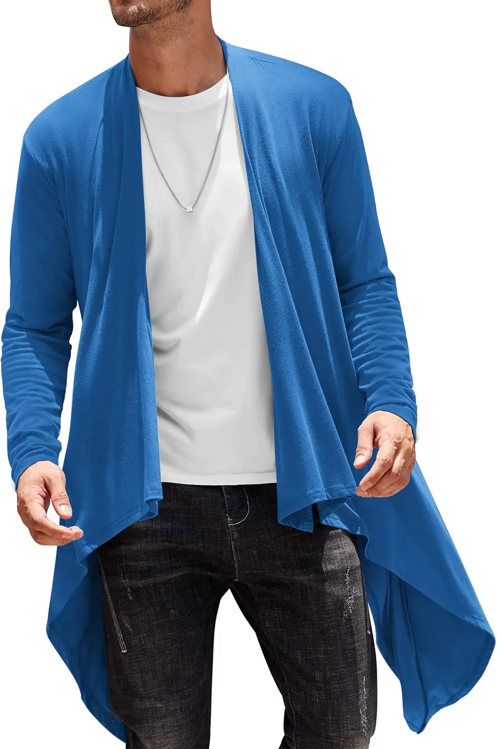 COOFANDY Men's Long Cardigan Ruffle Shawl Collar Lightweight Open Front Drape Cape Overcoat with Pockets