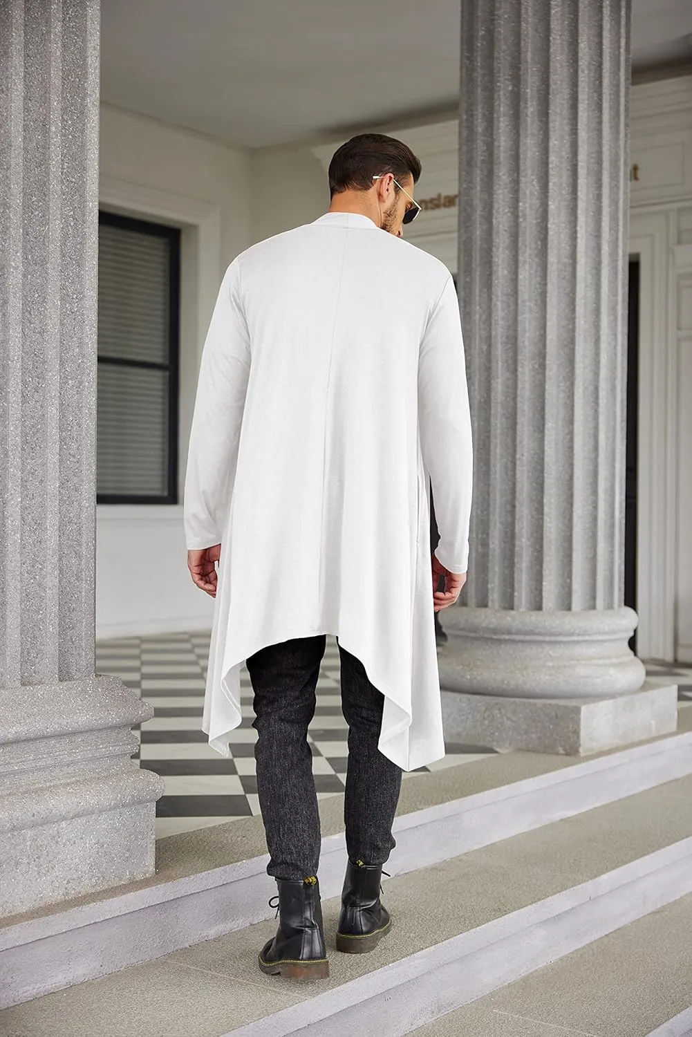 COOFANDY Men's Long Cardigan Ruffle Shawl Collar Lightweight Open Front Drape Cape Overcoat with Pockets