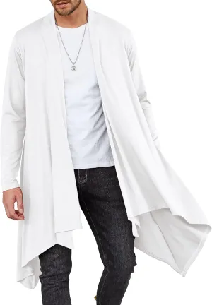 COOFANDY Men's Long Cardigan Ruffle Shawl Collar Lightweight Open Front Drape Cape Overcoat with Pockets