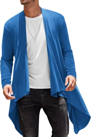 COOFANDY Men's Long Cardigan Ruffle Shawl Collar Lightweight Open Front Drape Cape Overcoat with Pockets