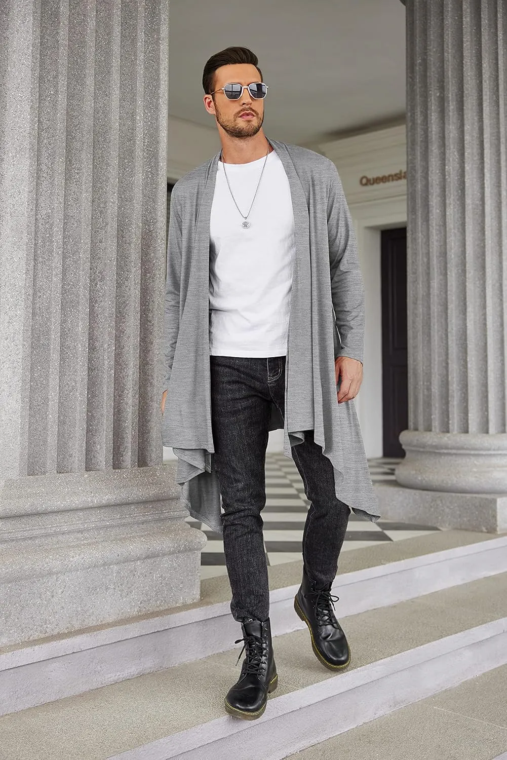 COOFANDY Men's Long Cardigan Ruffle Shawl Collar Lightweight Open Front Drape Cape Overcoat with Pockets