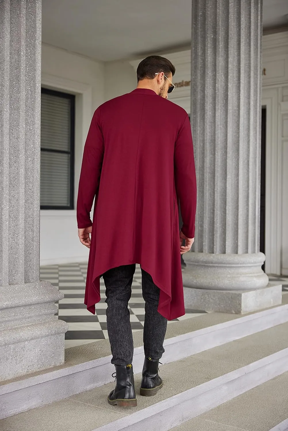 COOFANDY Men's Long Cardigan Ruffle Shawl Collar Lightweight Open Front Drape Cape Overcoat with Pockets