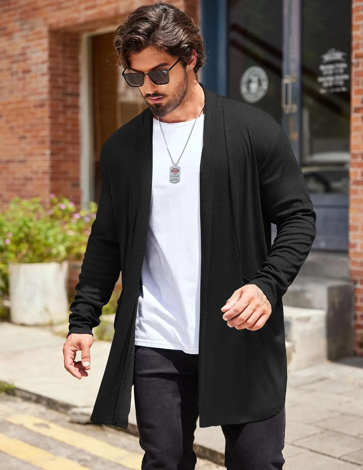 COOFANDY Men's Ruffle Shawl Collar Cardigan Open Front Lightweight Long Length Drape Cape Overcoat with Pockets