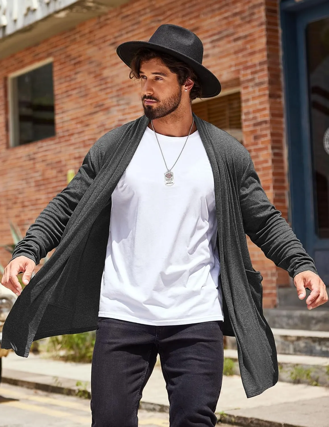 COOFANDY Men's Ruffle Shawl Collar Cardigan Open Front Lightweight Long Length Drape Cape Overcoat with Pockets