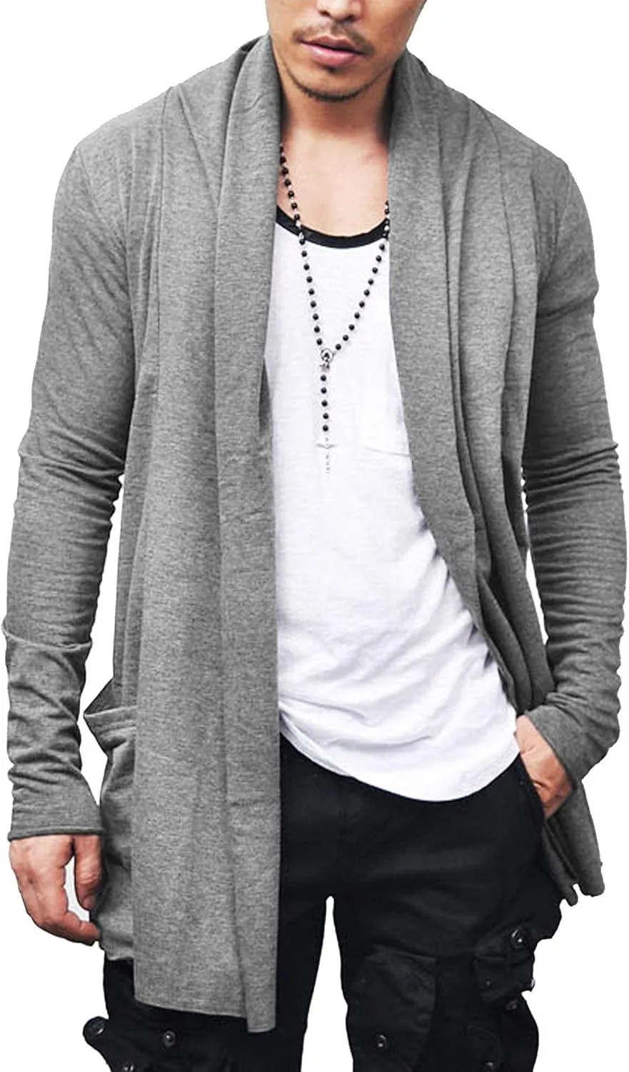 COOFANDY Men's Ruffle Shawl Collar Cardigan Open Front Lightweight Long Length Drape Cape Overcoat with Pockets