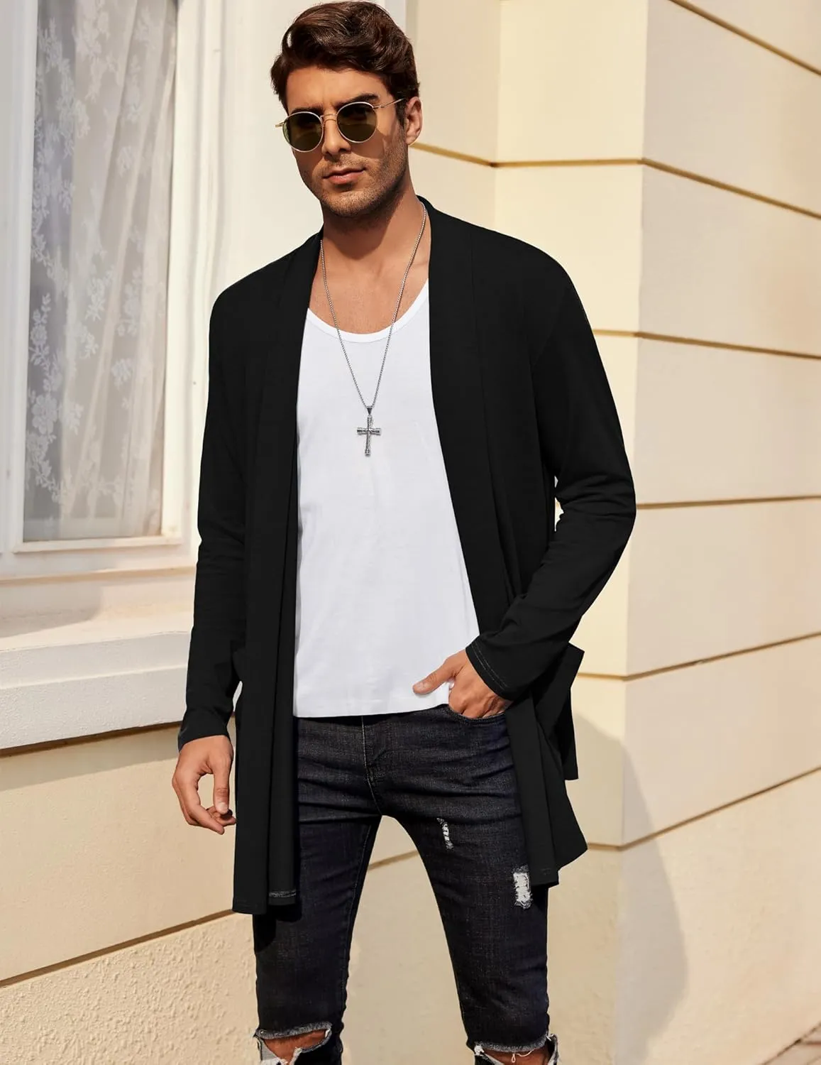 COOFANDY Men's Ruffle Shawl Collar Cardigan Open Front Lightweight Long Length Drape Cape Overcoat with Pockets