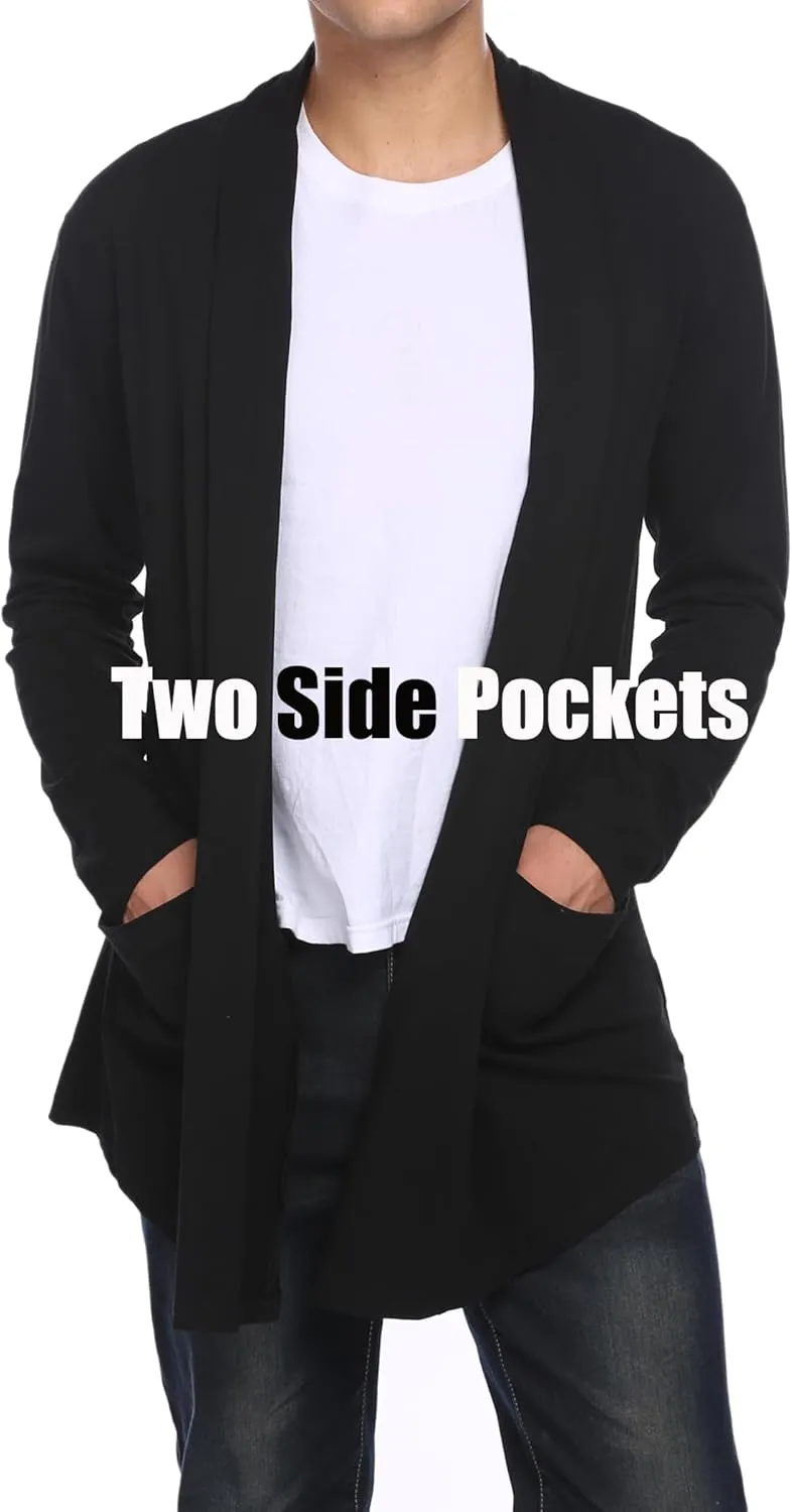 COOFANDY Men's Ruffle Shawl Collar Cardigan Open Front Lightweight Long Length Drape Cape Overcoat with Pockets