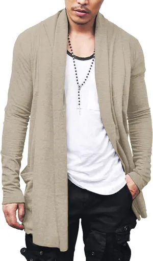 COOFANDY Men's Ruffle Shawl Collar Cardigan Open Front Lightweight Long Length Drape Cape Overcoat with Pockets