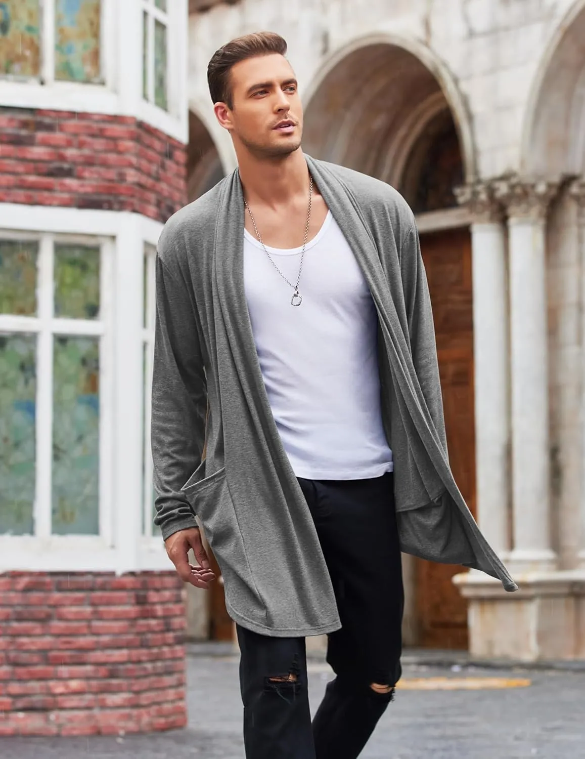 COOFANDY Men's Ruffle Shawl Collar Cardigan Open Front Lightweight Long Length Drape Cape Overcoat with Pockets