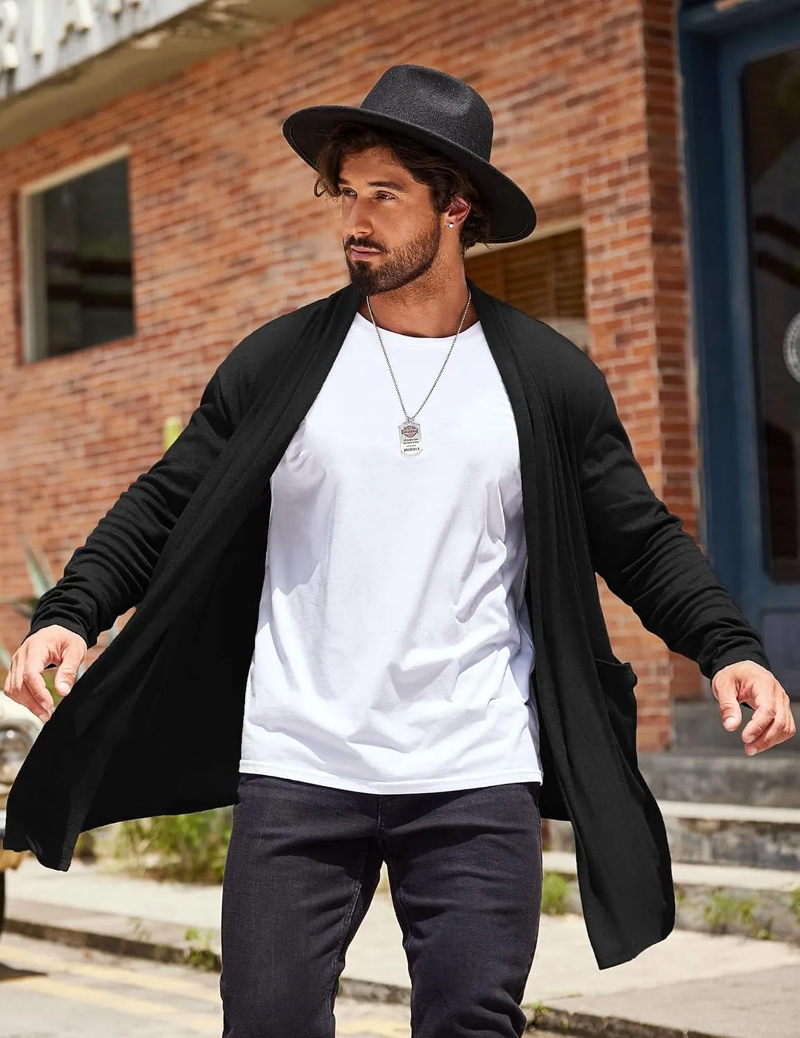 COOFANDY Men's Ruffle Shawl Collar Cardigan Open Front Lightweight Long Length Drape Cape Overcoat with Pockets