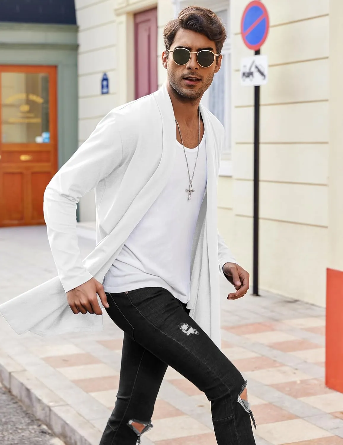 COOFANDY Men's Ruffle Shawl Collar Cardigan Open Front Lightweight Long Length Drape Cape Overcoat with Pockets
