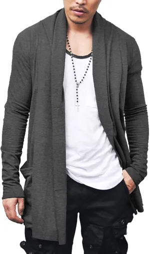 COOFANDY Men's Ruffle Shawl Collar Cardigan Open Front Lightweight Long Length Drape Cape Overcoat with Pockets