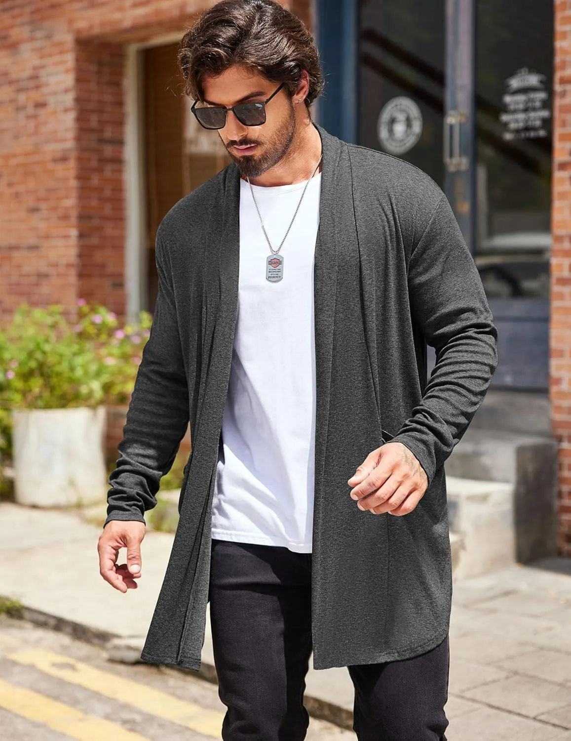 COOFANDY Men's Ruffle Shawl Collar Cardigan Open Front Lightweight Long Length Drape Cape Overcoat with Pockets