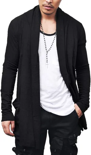 COOFANDY Men's Ruffle Shawl Collar Cardigan Open Front Lightweight Long Length Drape Cape Overcoat with Pockets