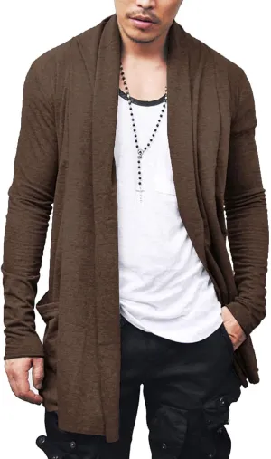 COOFANDY Men's Ruffle Shawl Collar Cardigan Open Front Lightweight Long Length Drape Cape Overcoat with Pockets