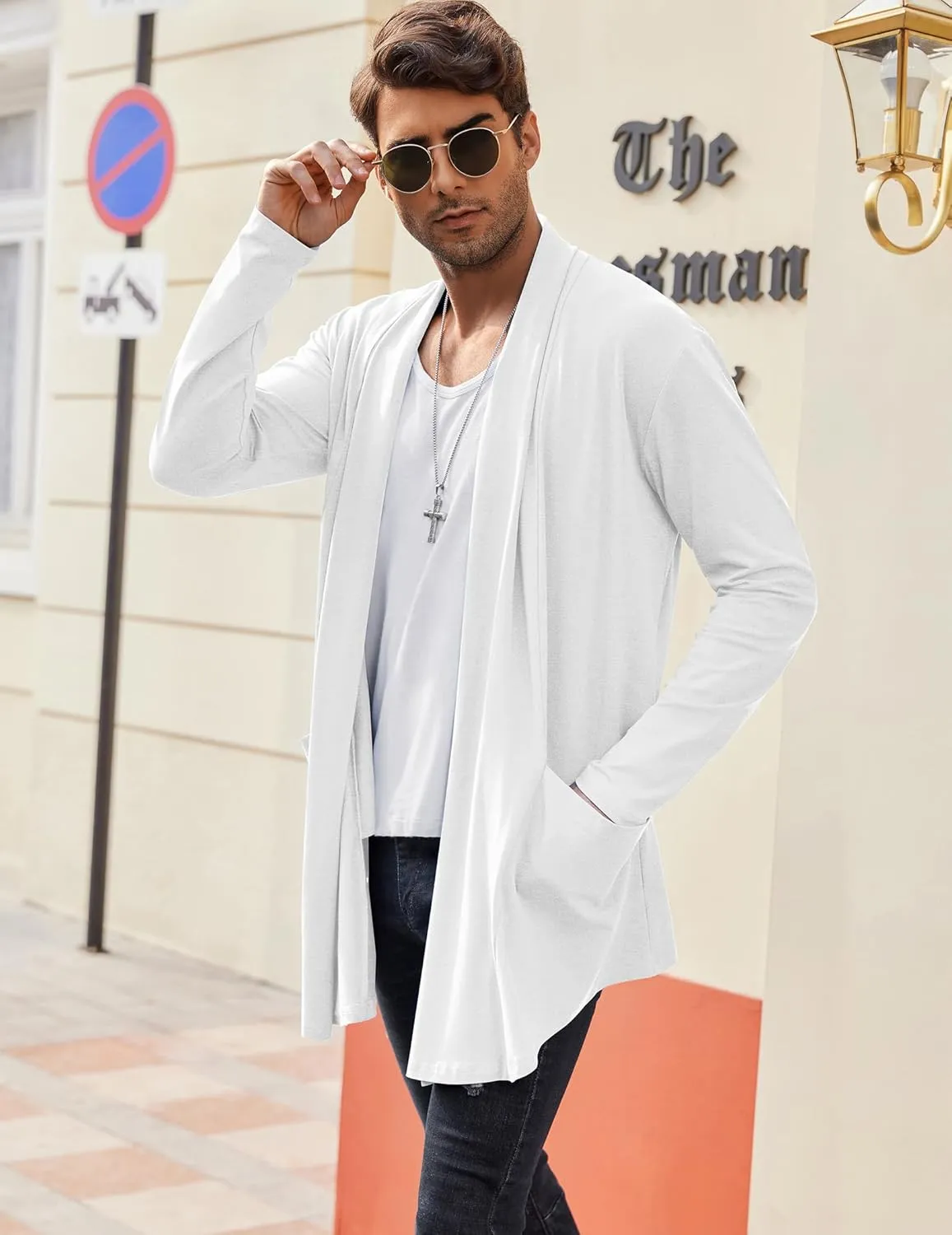 COOFANDY Men's Ruffle Shawl Collar Cardigan Open Front Lightweight Long Length Drape Cape Overcoat with Pockets