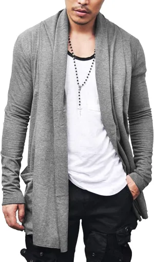 COOFANDY Men's Ruffle Shawl Collar Cardigan Open Front Lightweight Long Length Drape Cape Overcoat with Pockets