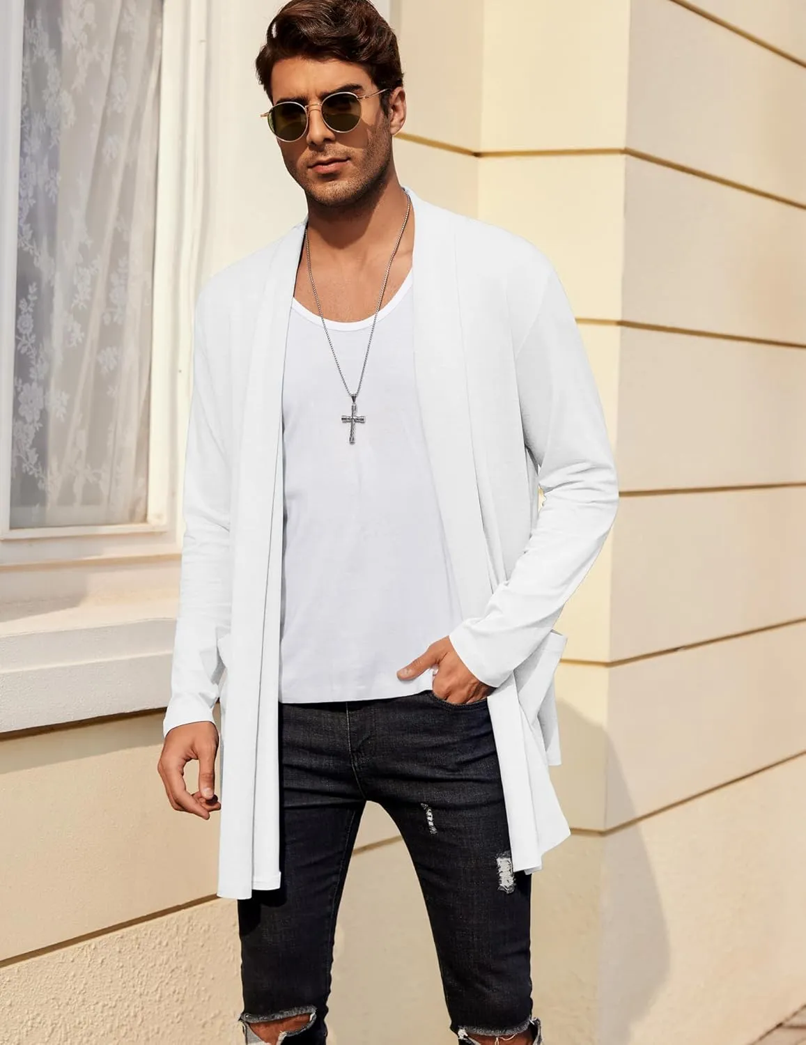COOFANDY Men's Ruffle Shawl Collar Cardigan Open Front Lightweight Long Length Drape Cape Overcoat with Pockets