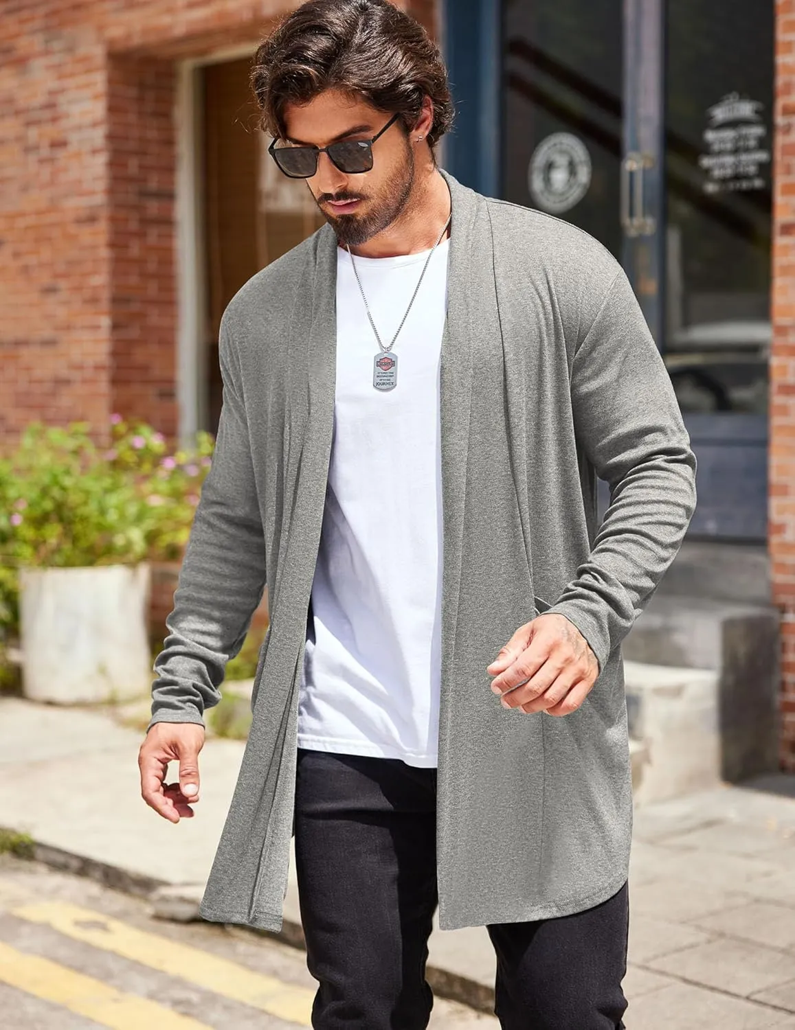 COOFANDY Men's Ruffle Shawl Collar Cardigan Open Front Lightweight Long Length Drape Cape Overcoat with Pockets