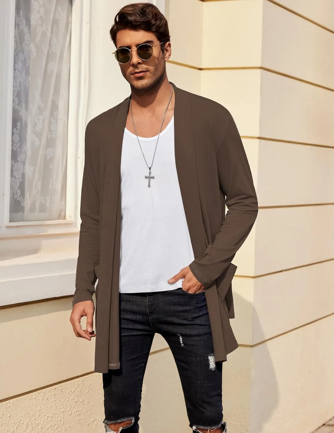 COOFANDY Men's Ruffle Shawl Collar Cardigan Open Front Lightweight Long Length Drape Cape Overcoat with Pockets