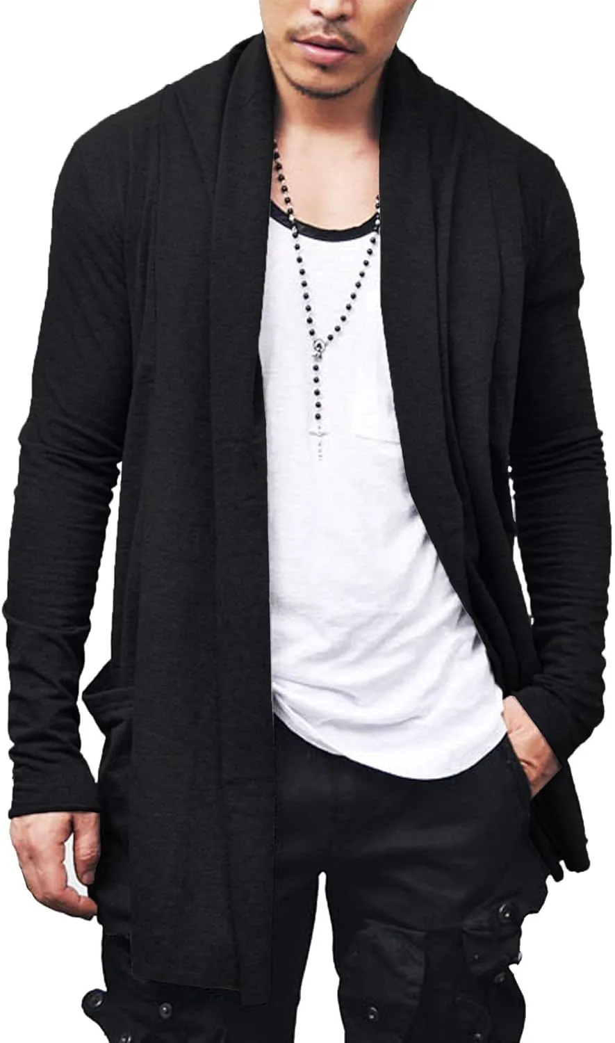 COOFANDY Men's Ruffle Shawl Collar Cardigan Open Front Lightweight Long Length Drape Cape Overcoat with Pockets