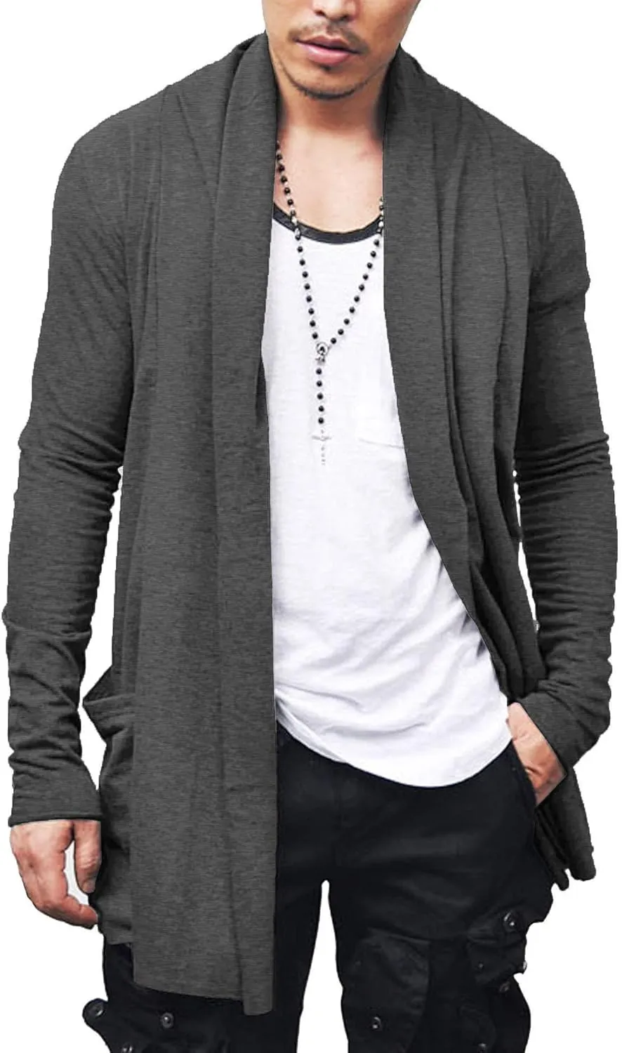 COOFANDY Men's Ruffle Shawl Collar Cardigan Open Front Lightweight Long Length Drape Cape Overcoat with Pockets