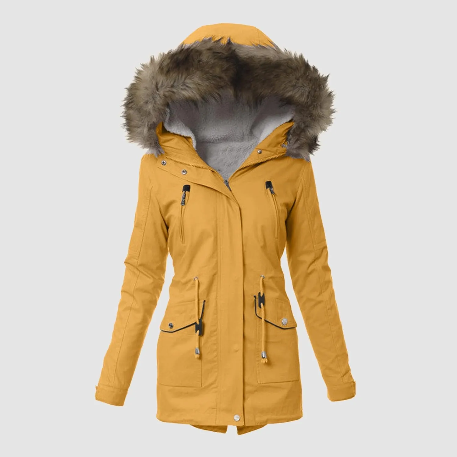 cooki Winter Coats for Women 2023 Trendy Women's Winter Sherpa Lined Faux Fur Hooded Mid Long Safari Parka Coat Puffer Jacket