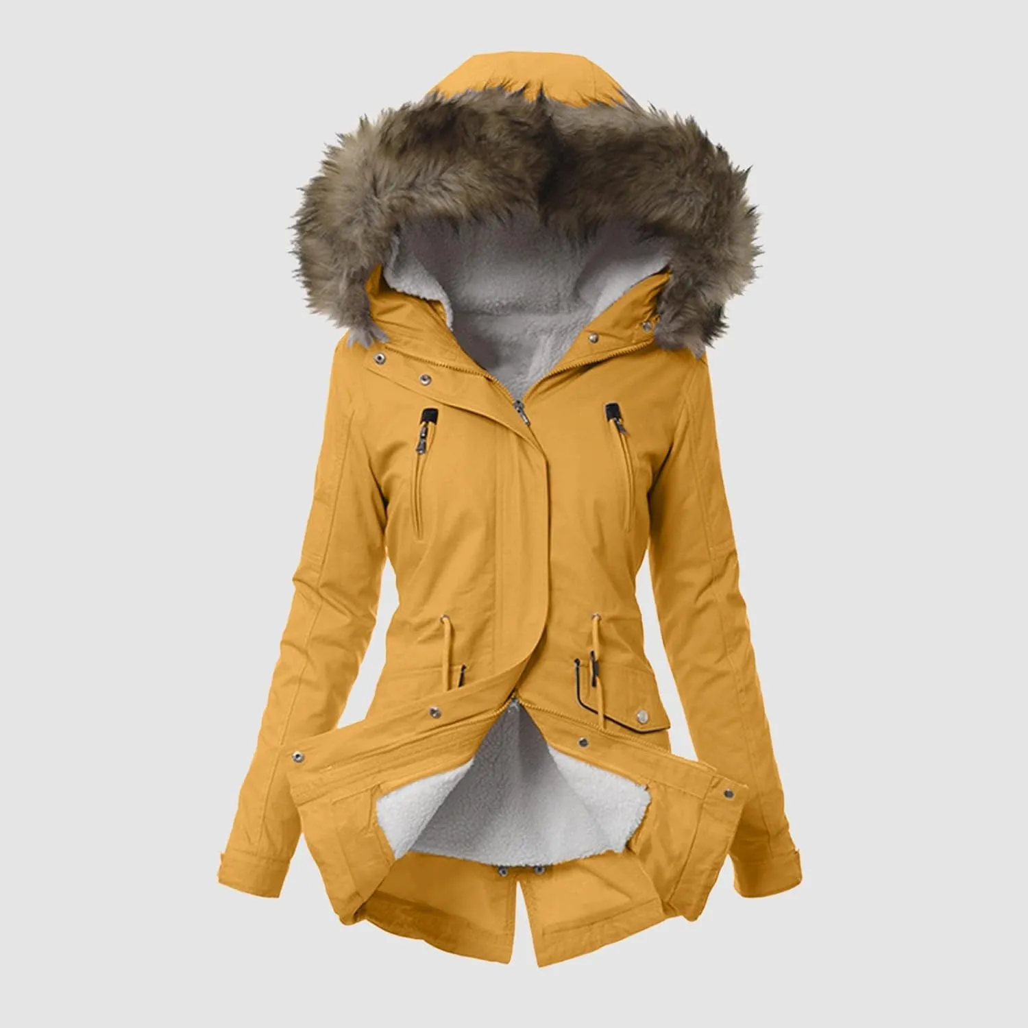 cooki Winter Coats for Women 2023 Trendy Women's Winter Sherpa Lined Faux Fur Hooded Mid Long Safari Parka Coat Puffer Jacket