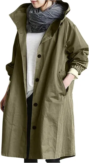 COTECRAM Women's Trench Jackets Plus Size Casual Long Rain Jacket Fashion Winter Hooded Oversized Windbreaker Coats Outerwear