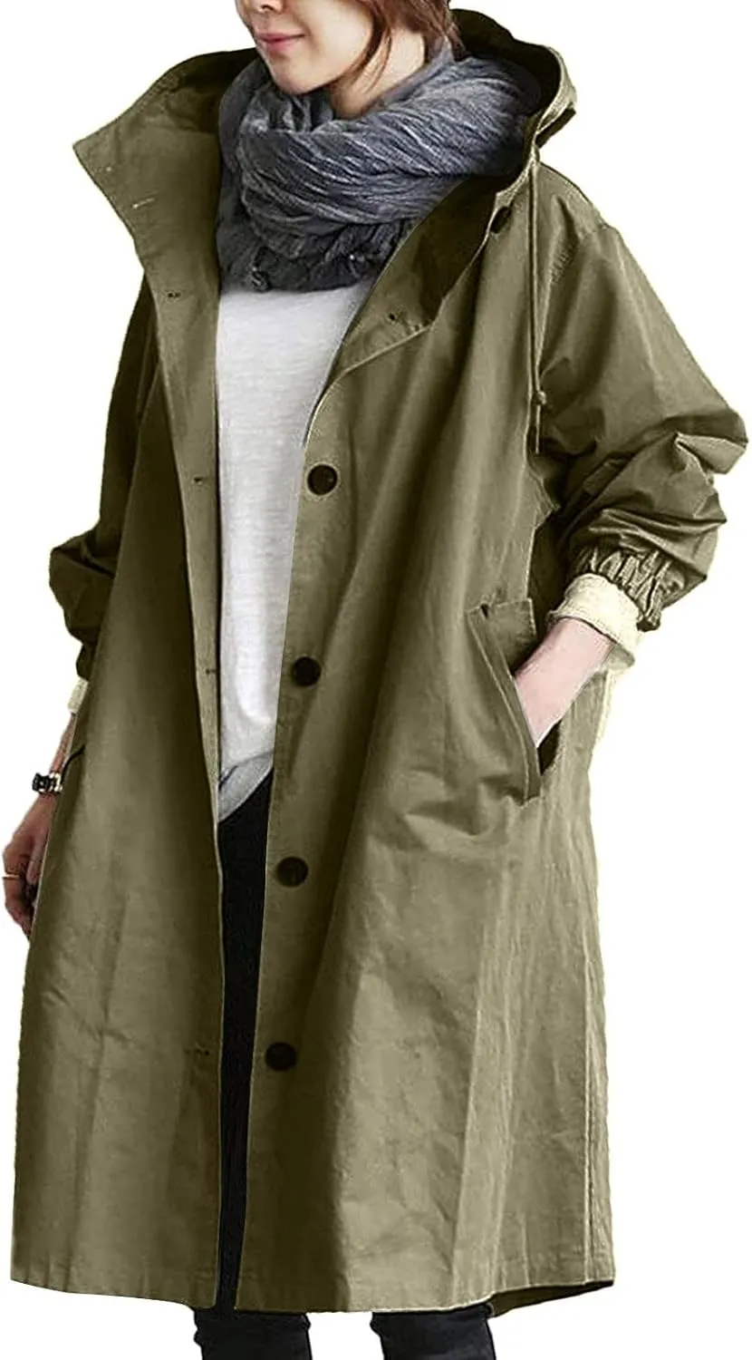 COTECRAM Women's Trench Jackets Plus Size Casual Long Rain Jacket Fashion Winter Hooded Oversized Windbreaker Coats Outerwear