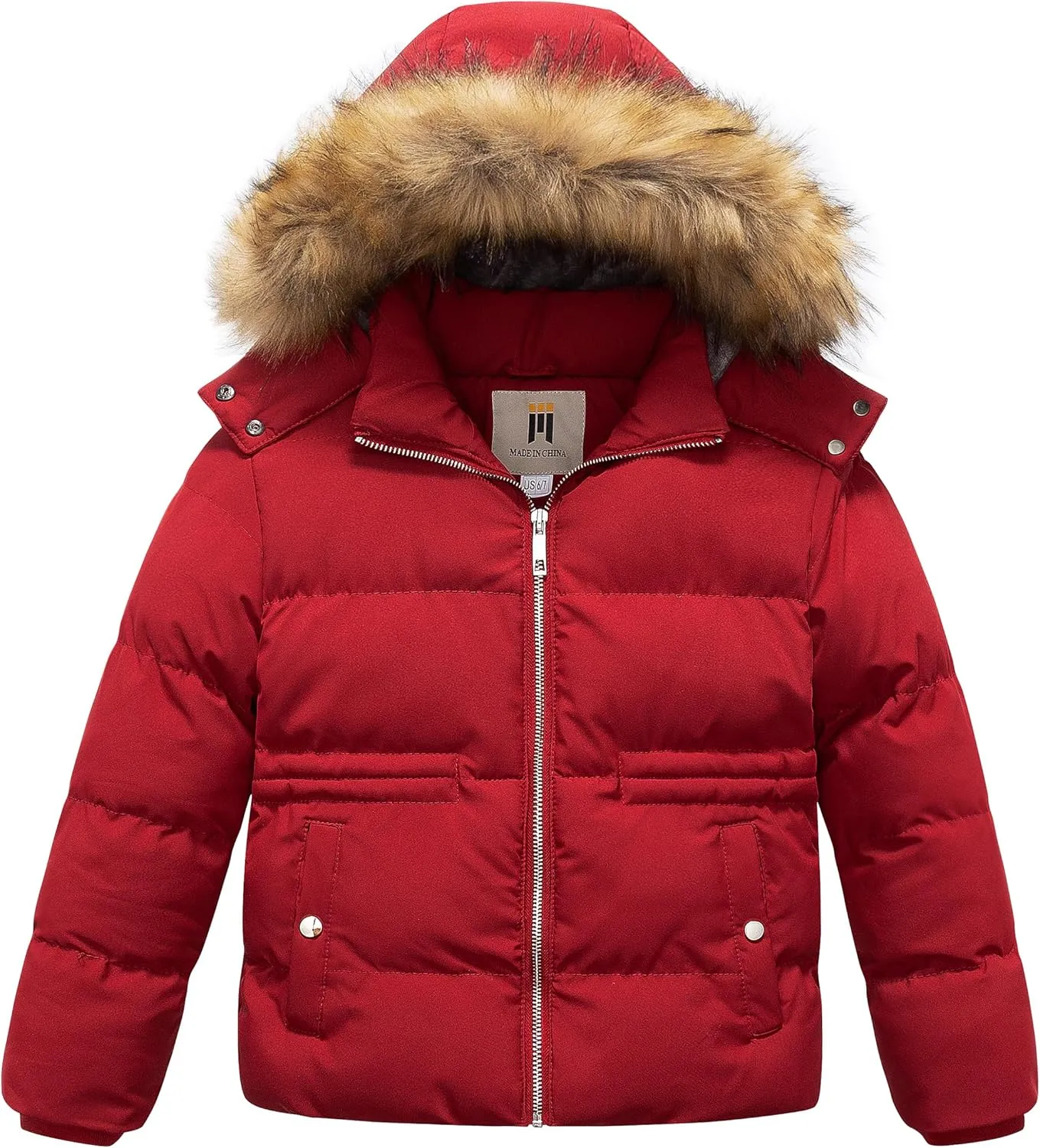 CREATMO US Girl's Kids Metallic Shiny Jacket with Detachable Fur Collar Warmth Winter Outerwear