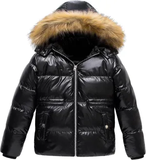CREATMO US Girl's Kids Metallic Shiny Jacket with Detachable Fur Collar Warmth Winter Outerwear