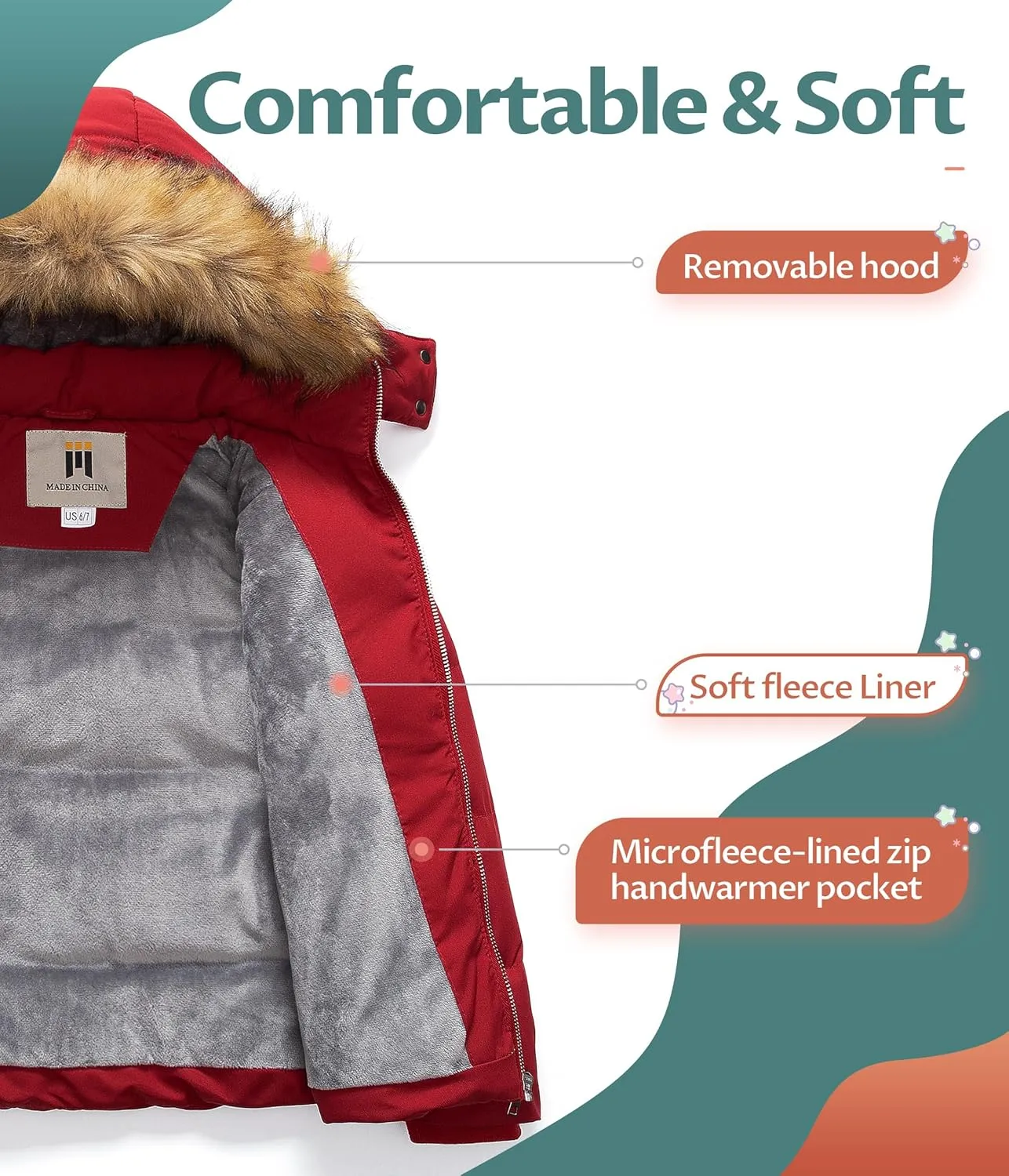 CREATMO US Girl's Kids Metallic Shiny Jacket with Detachable Fur Collar Warmth Winter Outerwear