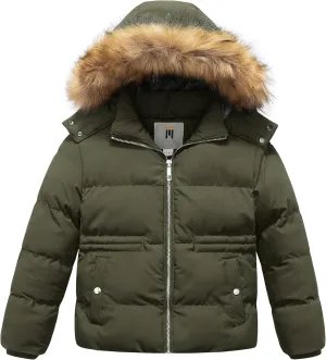 CREATMO US Girl's Kids Metallic Shiny Jacket with Detachable Fur Collar Warmth Winter Outerwear