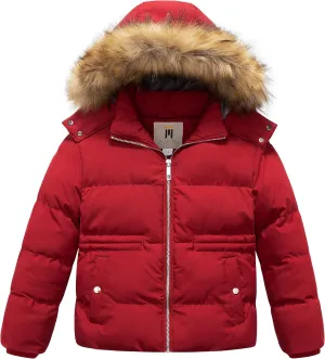 CREATMO US Girl's Kids Metallic Shiny Jacket with Detachable Fur Collar Warmth Winter Outerwear