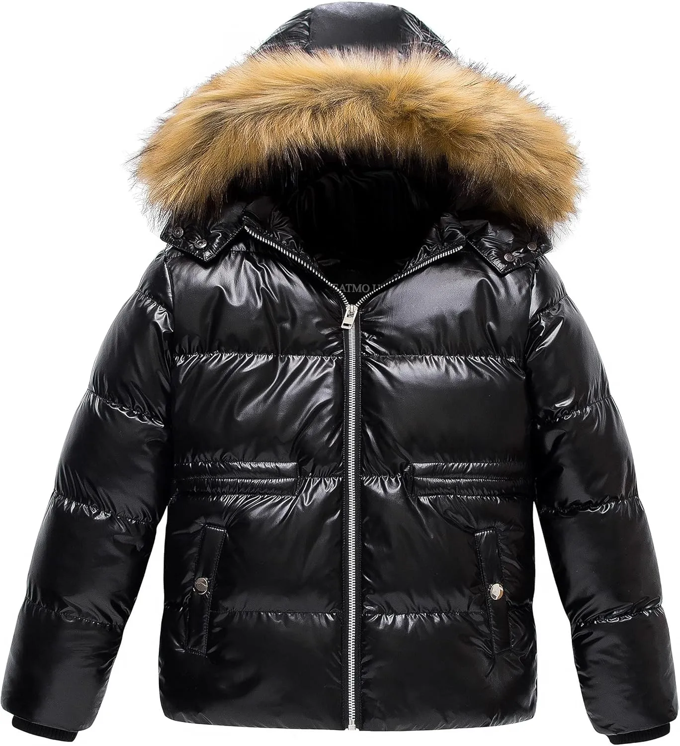 CREATMO US Girl's Kids Metallic Shiny Jacket with Detachable Fur Collar Warmth Winter Outerwear