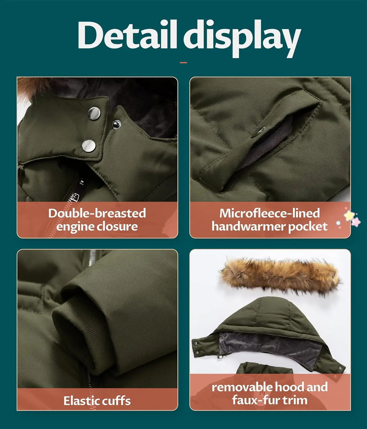 CREATMO US Girl's Kids Metallic Shiny Jacket with Detachable Fur Collar Warmth Winter Outerwear