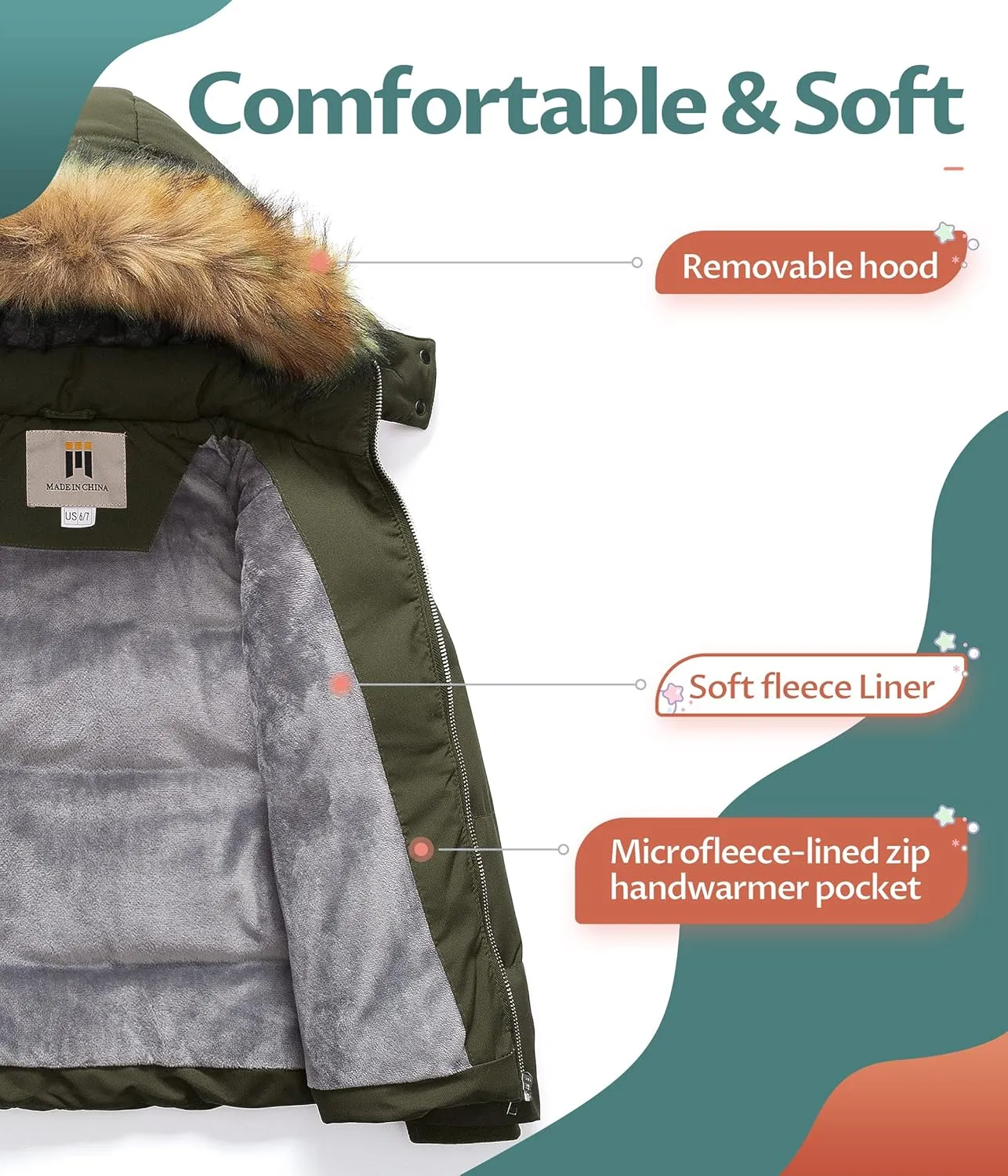 CREATMO US Girl's Kids Metallic Shiny Jacket with Detachable Fur Collar Warmth Winter Outerwear