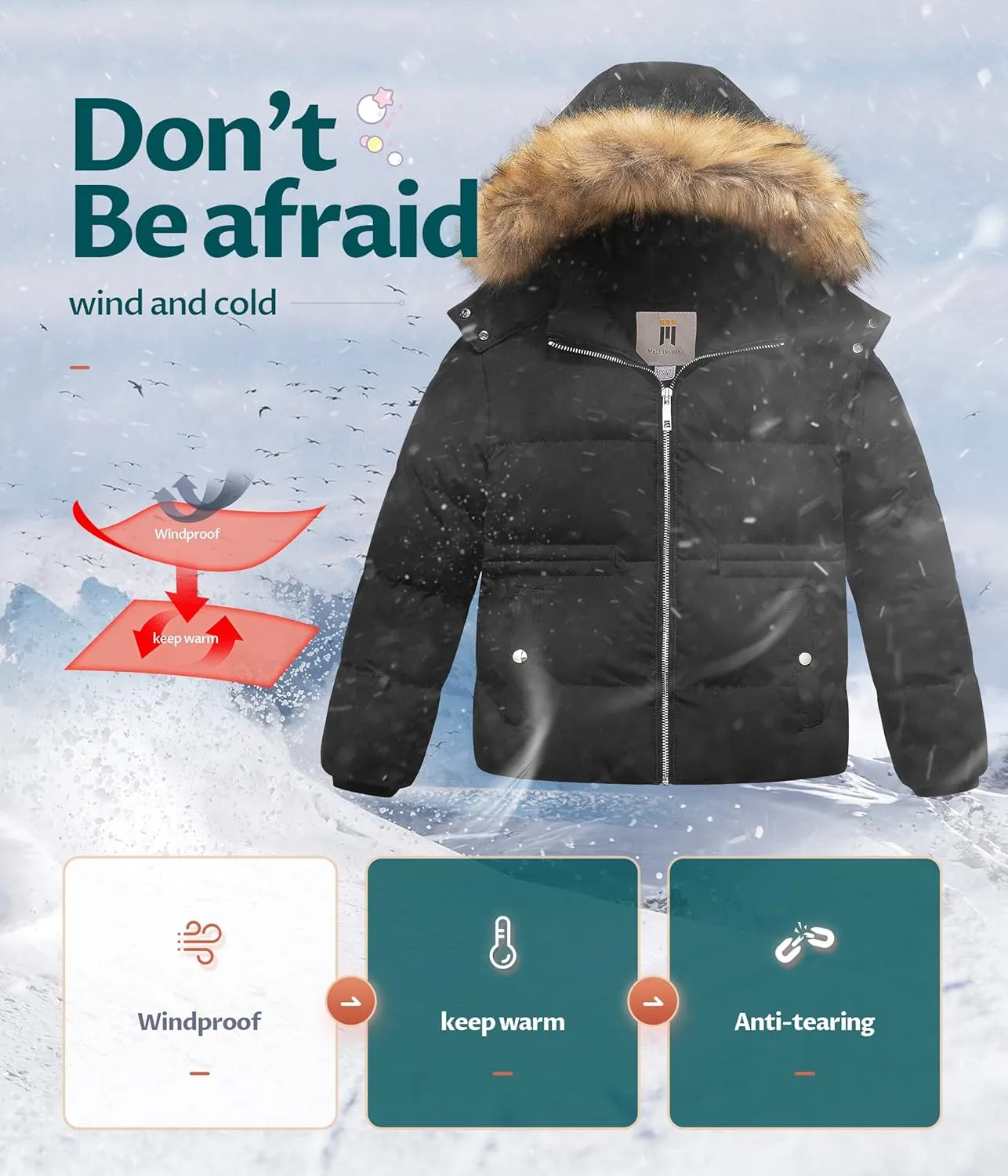 CREATMO US Girl's Kids Metallic Shiny Jacket with Detachable Fur Collar Warmth Winter Outerwear