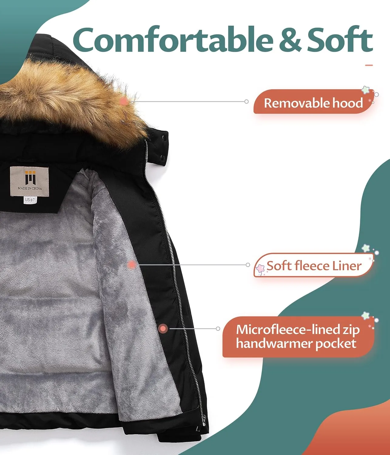CREATMO US Girl's Kids Metallic Shiny Jacket with Detachable Fur Collar Warmth Winter Outerwear