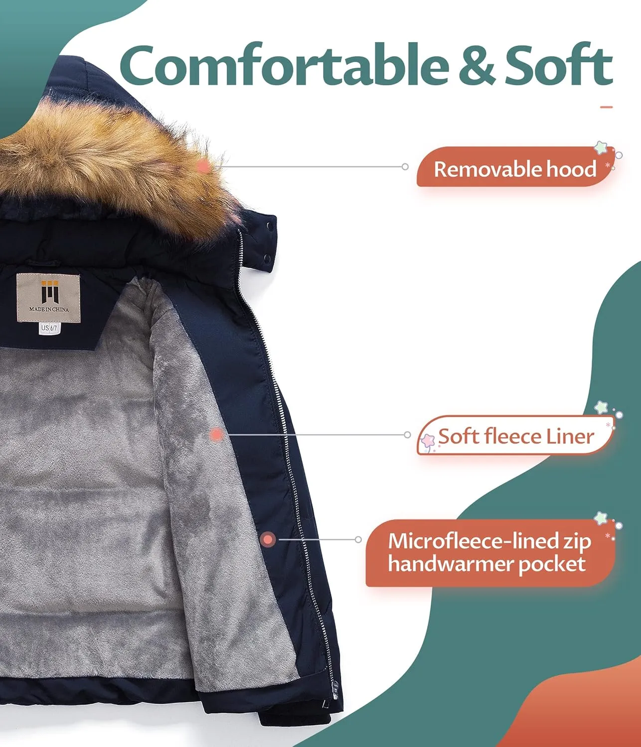 CREATMO US Girl's Kids Metallic Shiny Jacket with Detachable Fur Collar Warmth Winter Outerwear