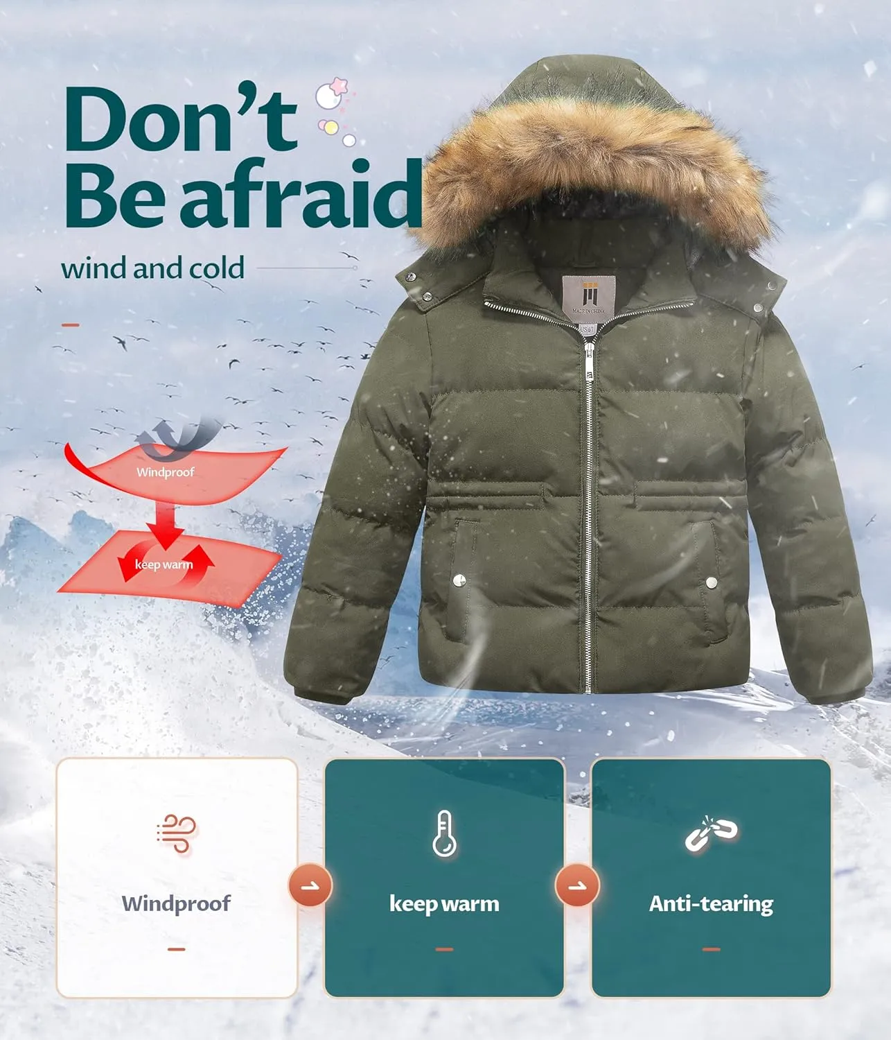 CREATMO US Girl's Kids Metallic Shiny Jacket with Detachable Fur Collar Warmth Winter Outerwear